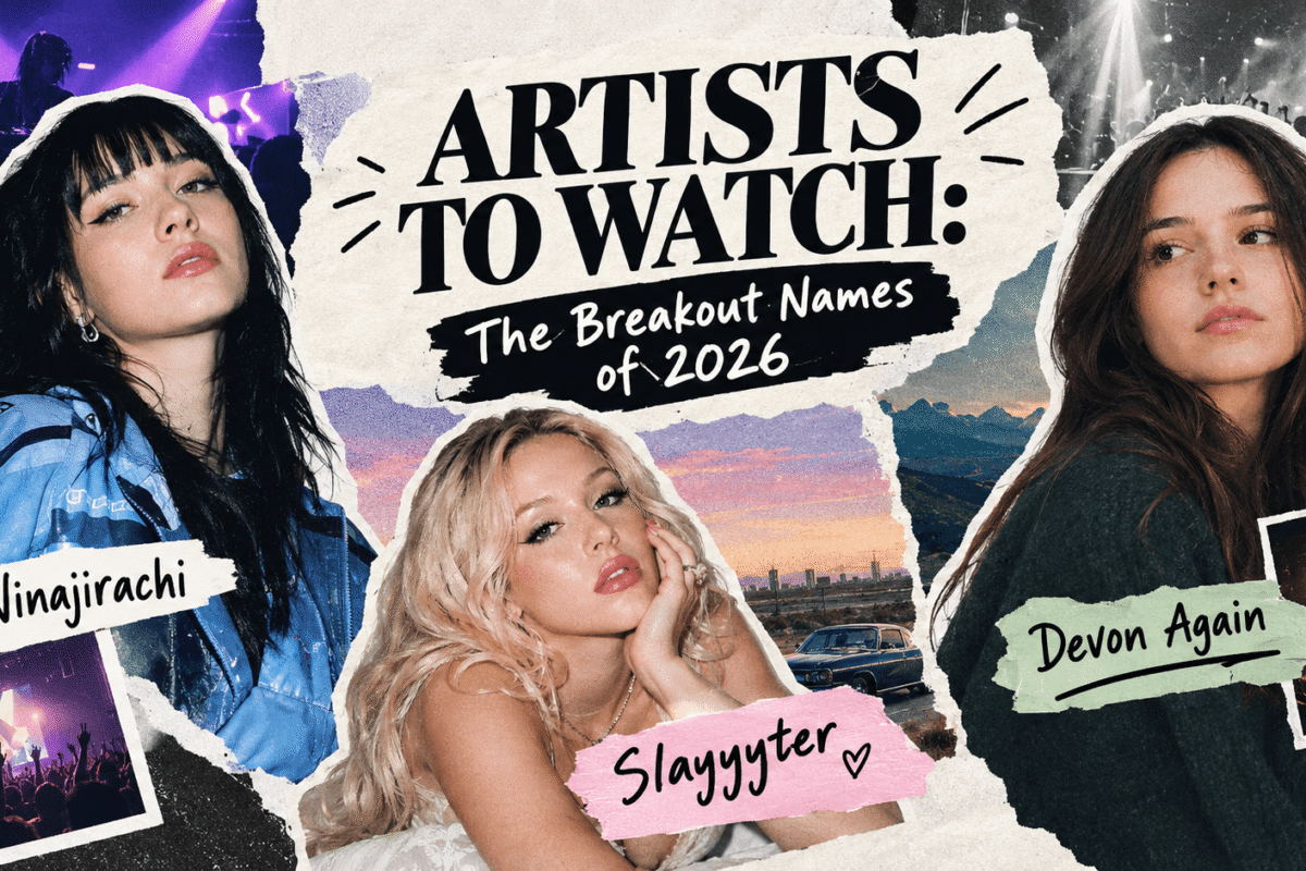 Collage of breakout music artists to watch in 2026