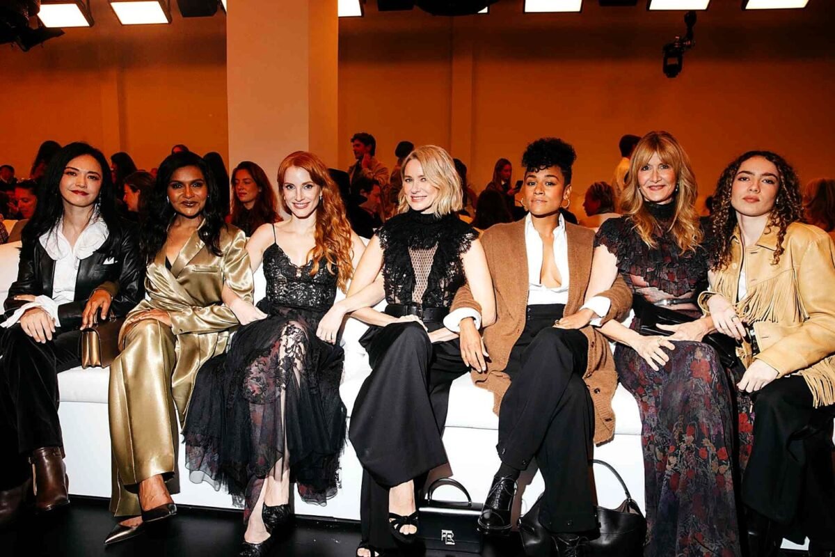 Celebrity front row style collage from Ralph Lauren's 2026 New York Fashion Week show