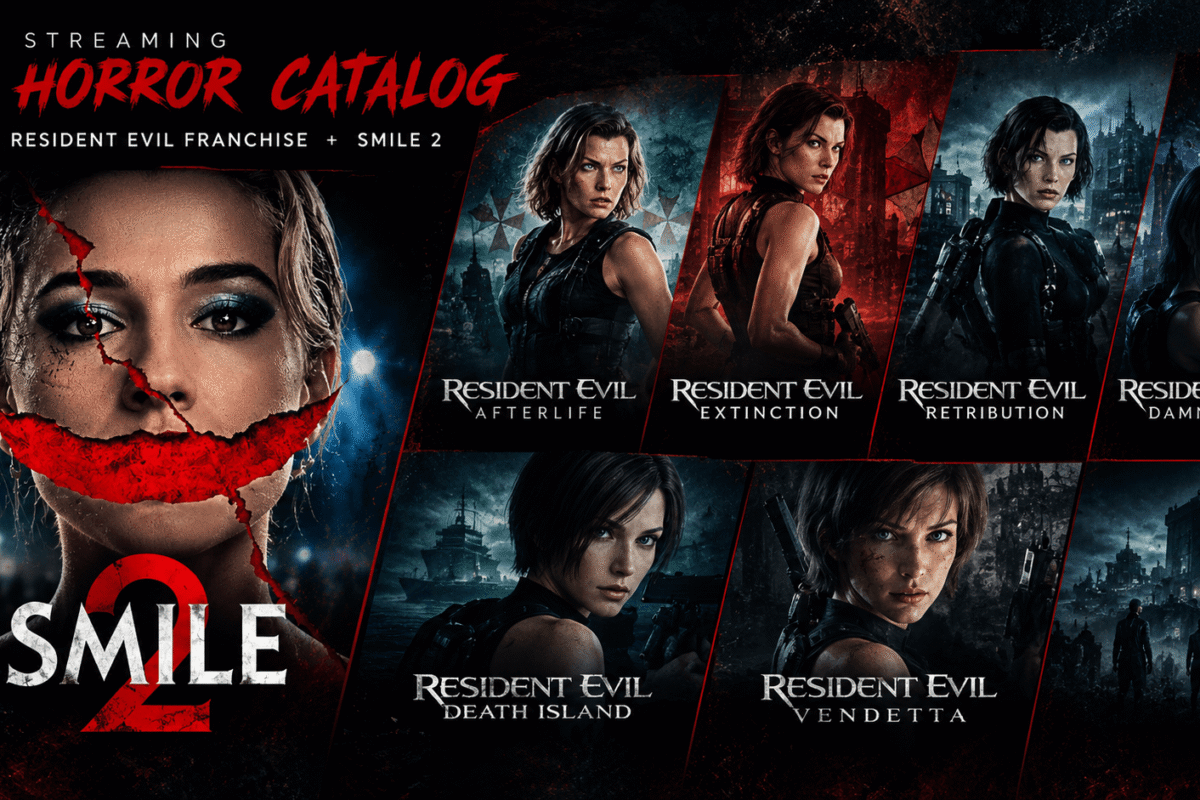 Streaming horror catalog graphic featuring Resident Evil franchise titles and Smile 2