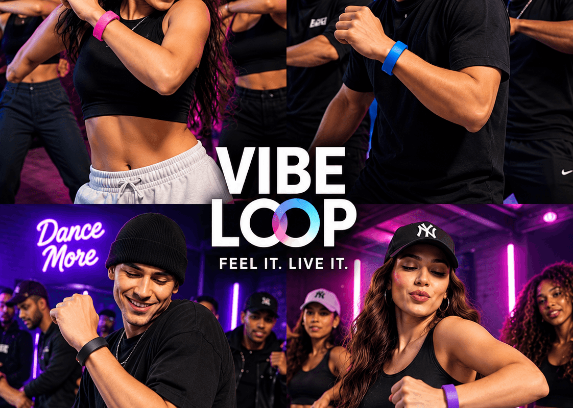 VIBELOOP smart wearable, Vibe Vitals wellness and Vibe Haircare products arranged together