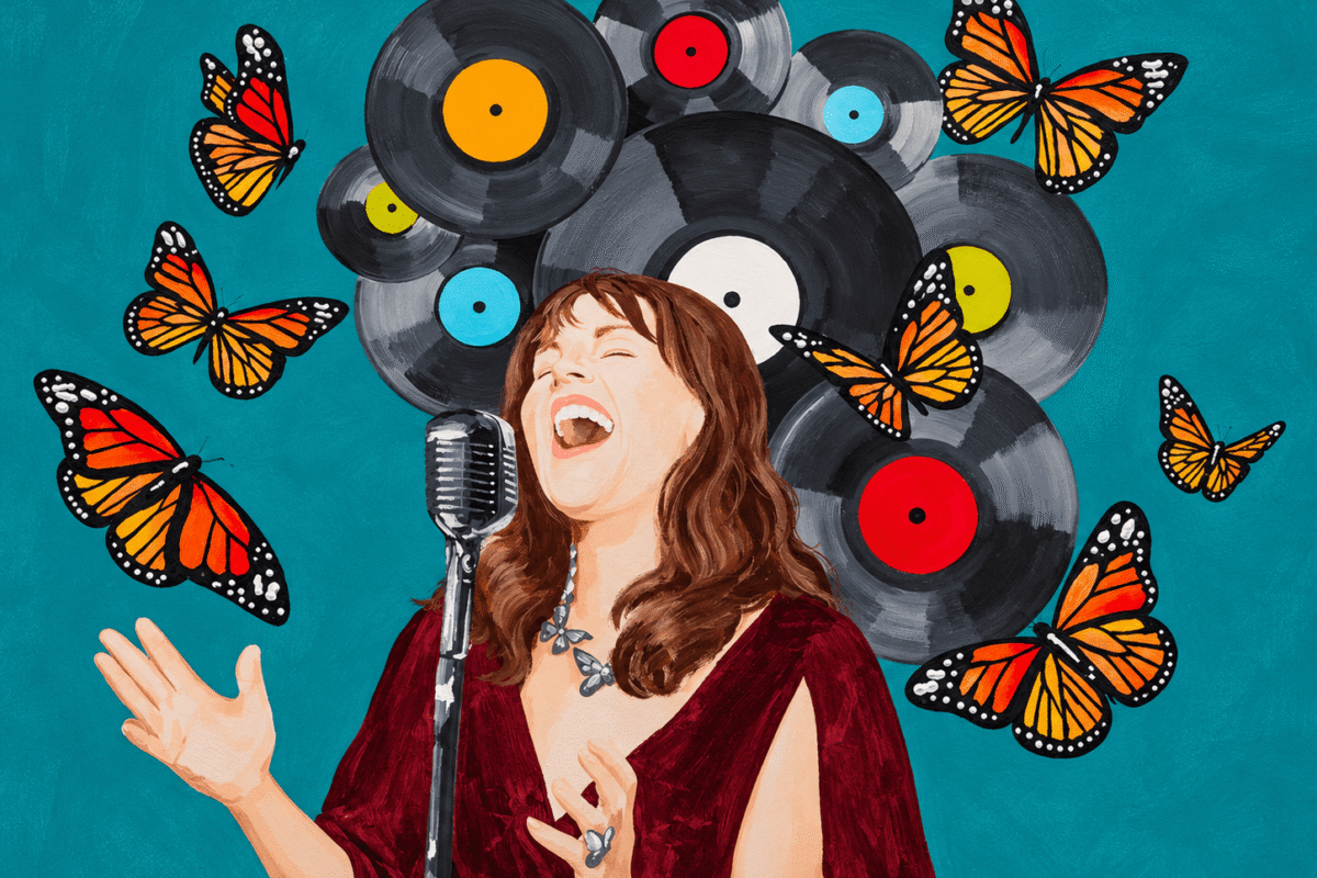 Lurleen Ladd Reclamation album cover painted by Ashley Longshore showing Ladd at a microphone surrounded by vinyl records and butterflies